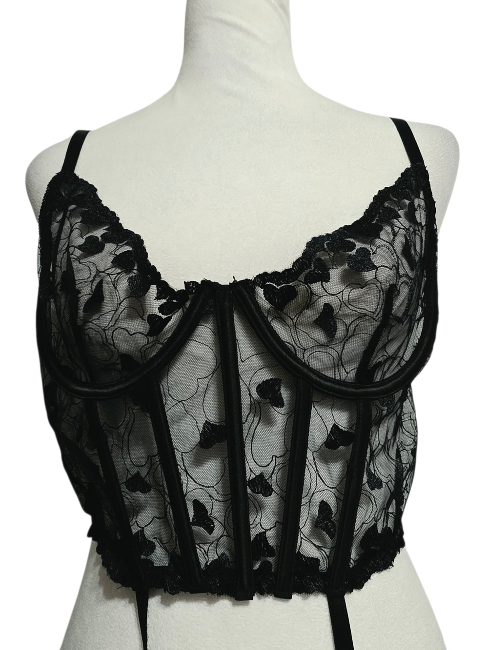 Forplay Black Sheer Lace Bustier Corset Top Garter Lingerie Y2K Coquette Goth L